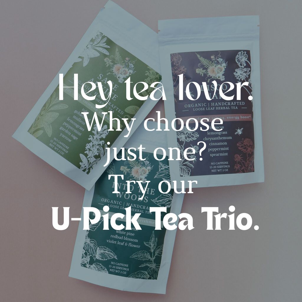 Three organic loose-leaf tea packages with promotional text for a U-Pick Tea Trio on a gradient background