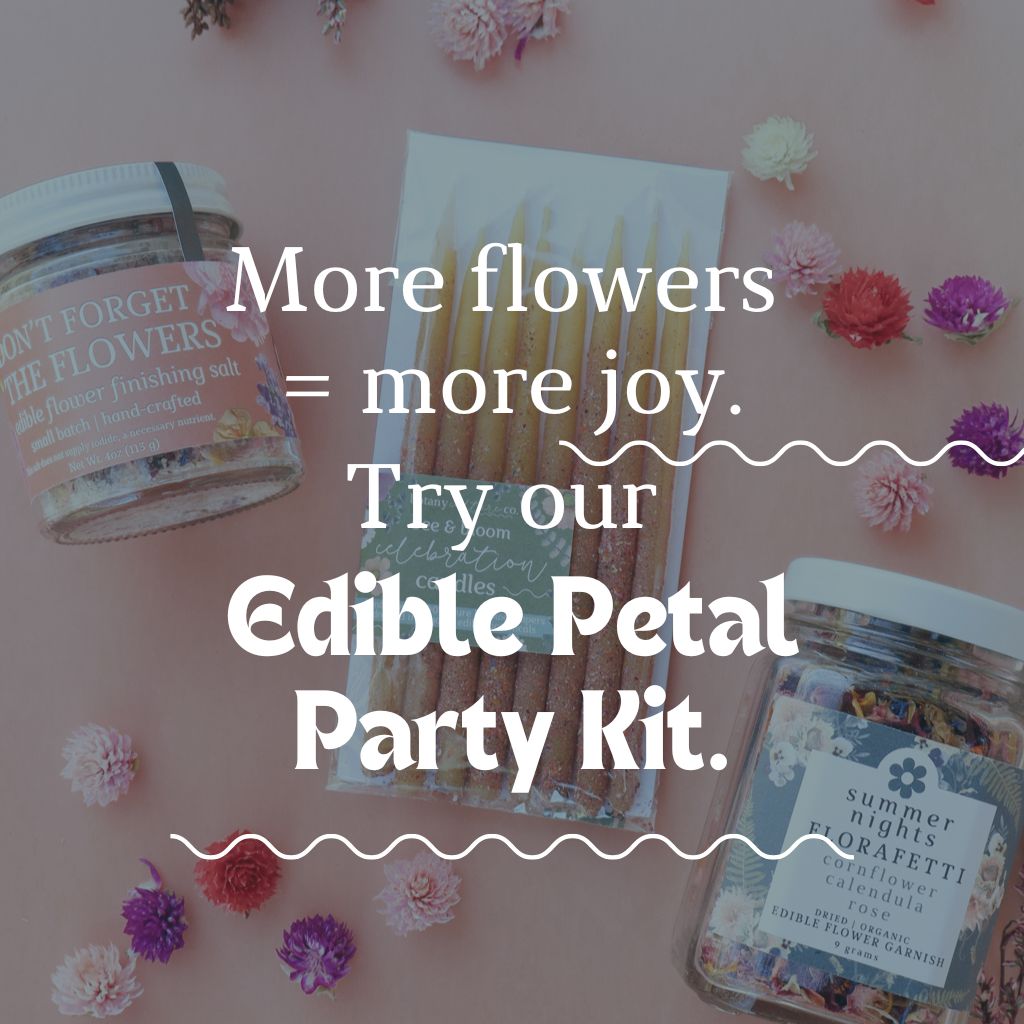 Edible Petal Party Kit with dried flowers and text bundle and save overlay on a pink background