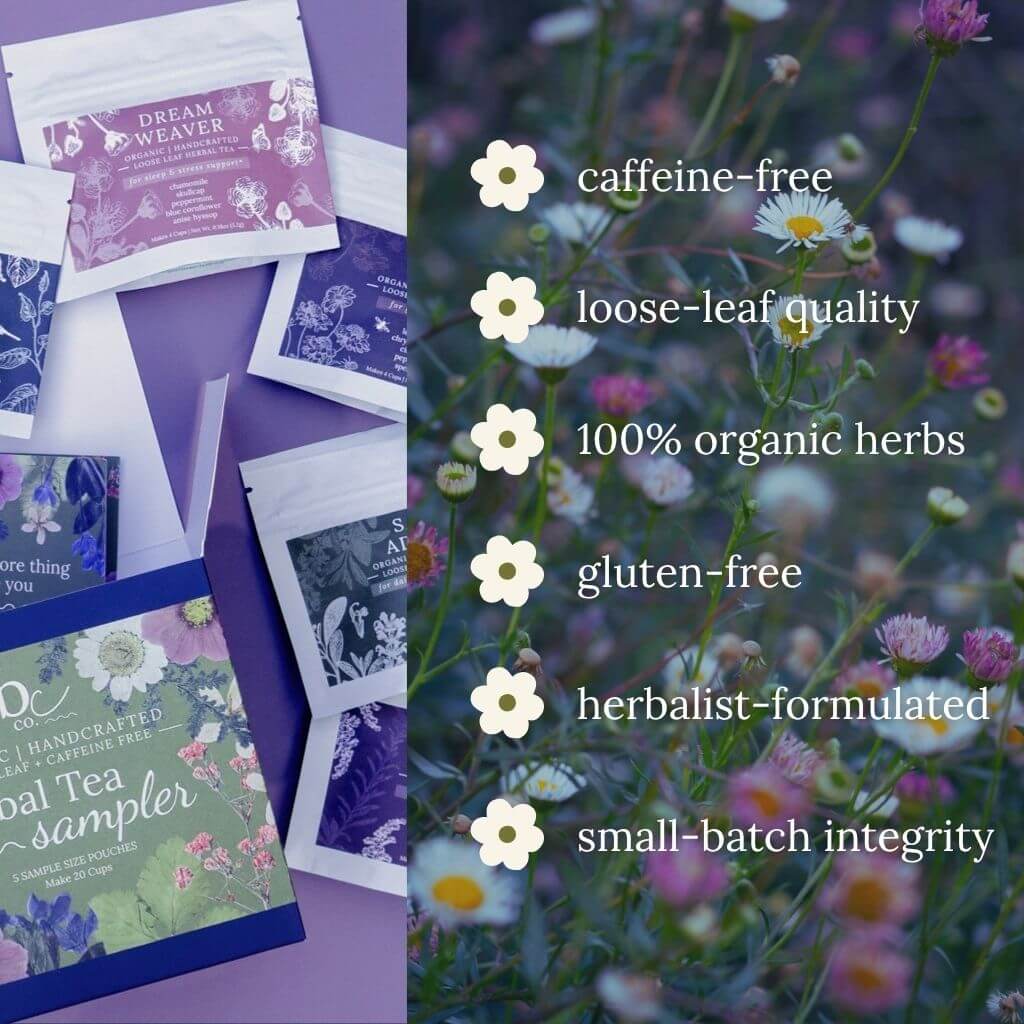 A promotional collage for an herbal tea sampler box showing several branded herbal tea sachets against a purple background, alongside a blurred flower field with text listing product benefits: caffeine-free, loose-leaf quality, 100% organic herbs, gluten-free, herbalist-formulated, and small-batch integrity.
