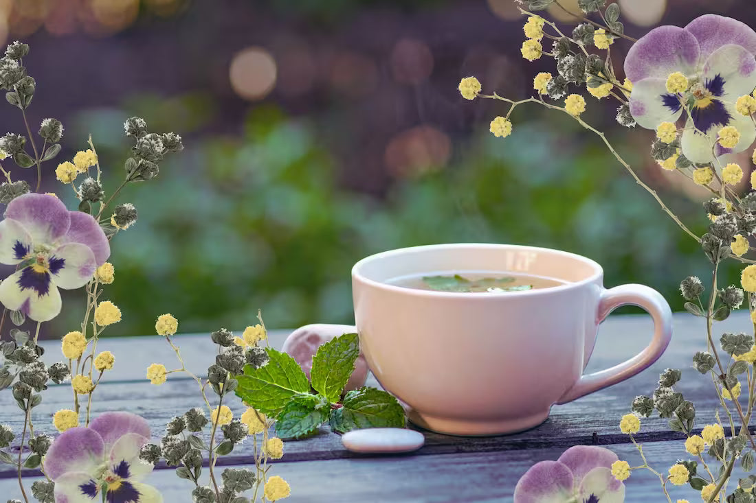 white mug of hot tea sitting on a rustic wooden surface and blurred greenery in the background and pressed floral collage border in the foreground