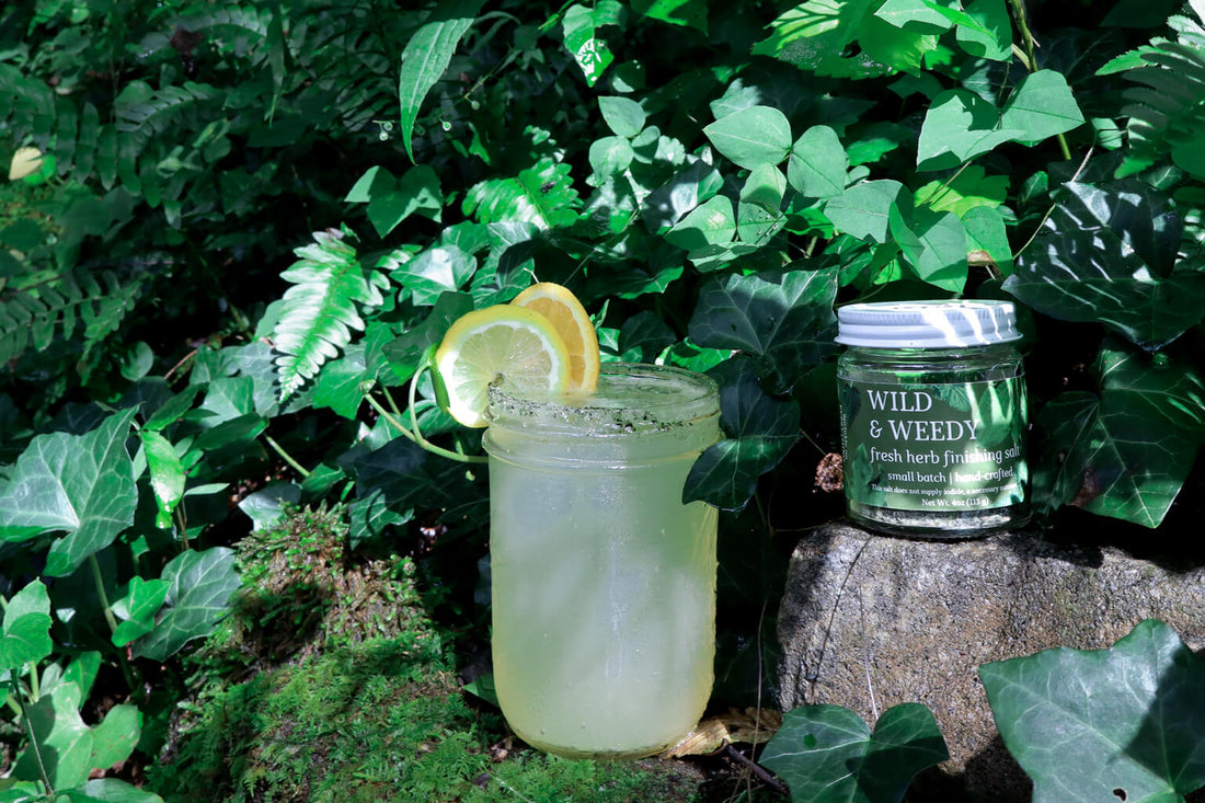 a salted lemon drop mocktail garnished with lemon and orange slices sitting next to a jar of Wild & Weedy Fresh Herb Finishing Salt with greenery in the background
