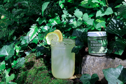 a salted lemon drop mocktail garnished with lemon and orange slices sitting next to a jar of Wild & Weedy Fresh Herb Finishing Salt with greenery in the background