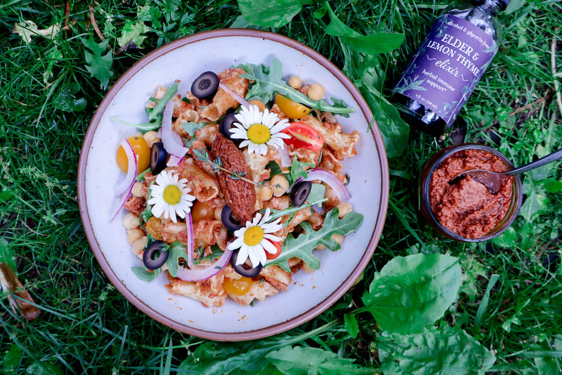 Sun-Dried Tomato Pesto Pasta Salad with Elderberry & Lemon Thyme Elixir
