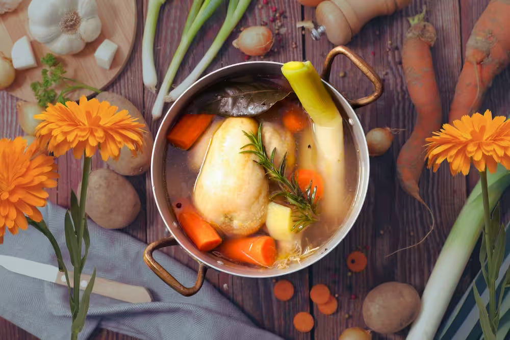 aerial shot of a pot of veggie broth filled with vegetable scraps and herbs on a wooden surface surrounded by veggies, a cloth napkin, and a knife