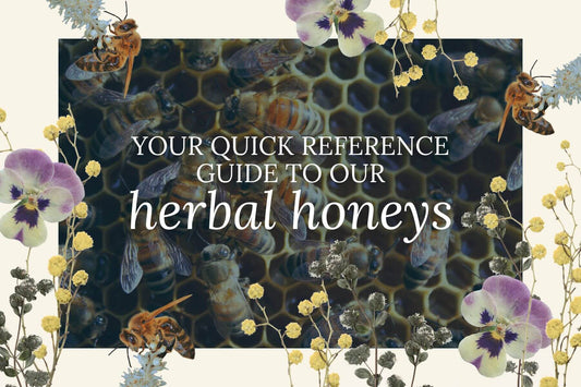 botanical collage with dried flowers and bees with honeycomb in the background and text overlay that reads "your quick reference guide to our herbal honeys'