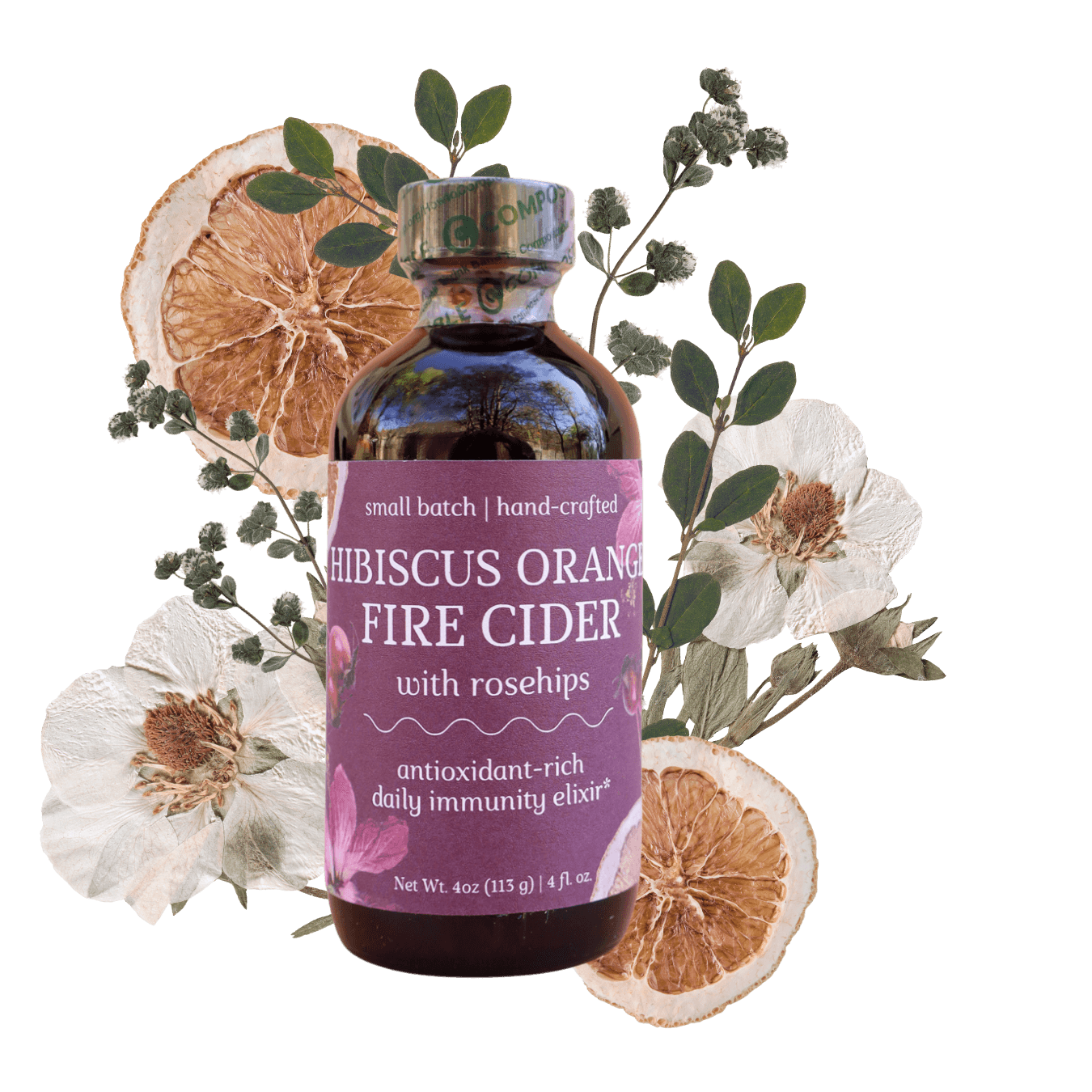 Bottle of 'Hibiscus Orange Fire Cider with Rosehips: Antioxidant-Rich Daily Immunity Elixir' with a purple label surrounded by pressed flowers, dried orange slices, and leaves on a transparent background
