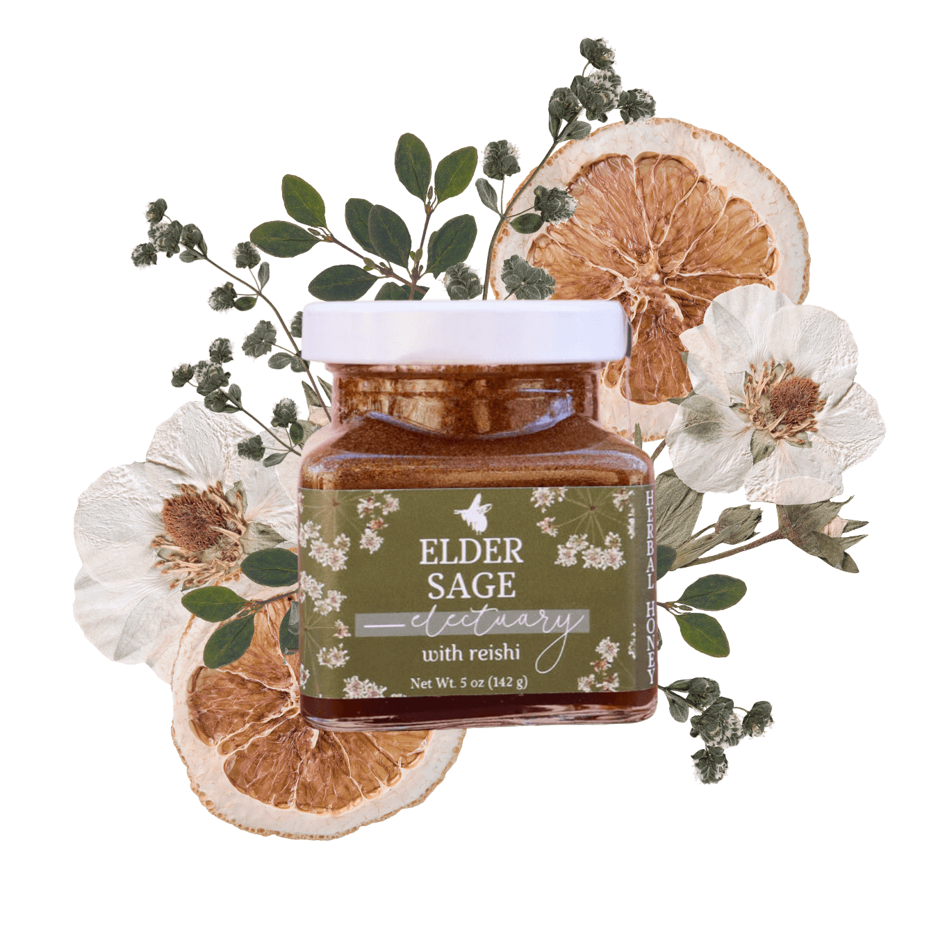 Jar of 'Elder Sage Elixir with Reishi' with dried orange slice, herbs, and pressed flowers on a black background