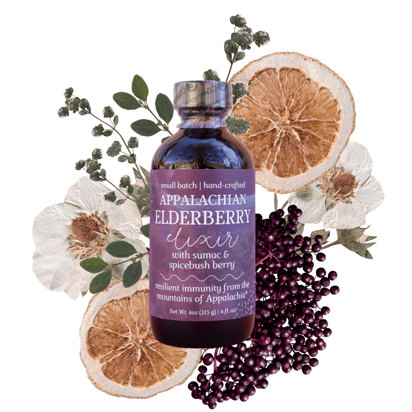 Bottle of Appalachian Elderberry Elixir for Immune Support surrounded by dried orange slices, elderberries, and pressesd flowers on a black background