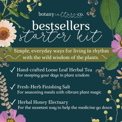 Text-based graphic for Botany Culture Co. 'Bestsellers Starter Kit' with a list of content on a dark green background with botanical aesthetic