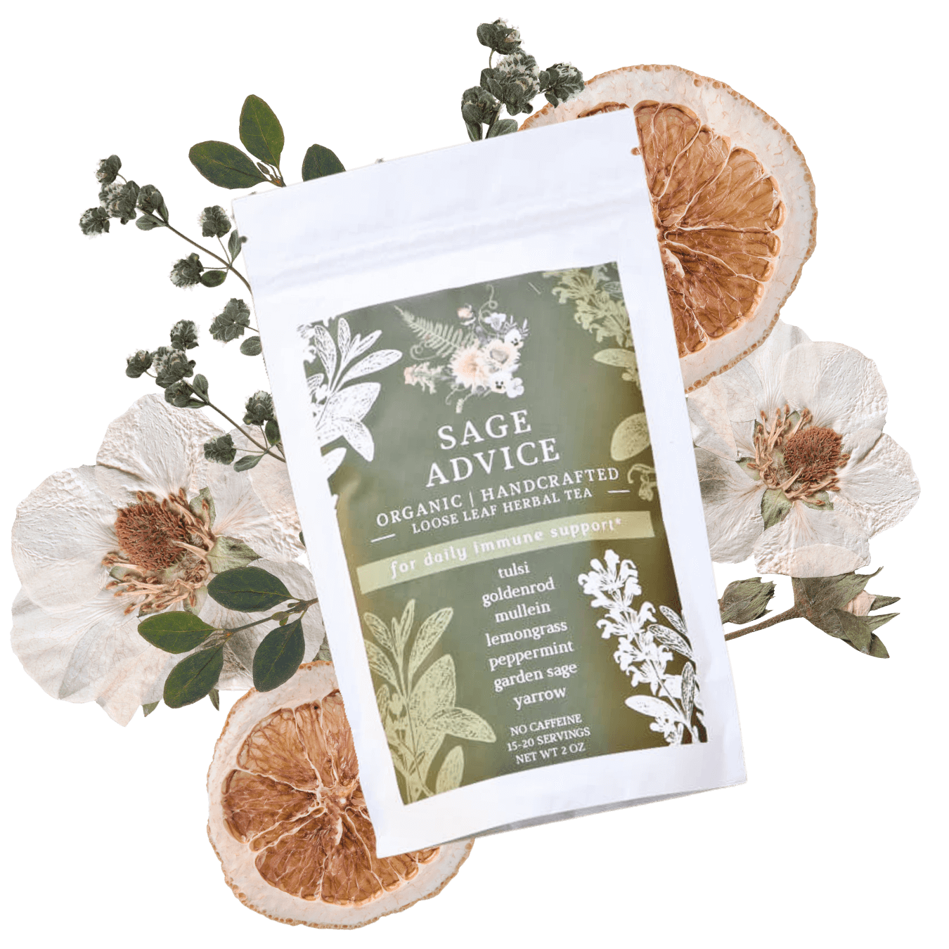 A bag of loose-leaf organic herbal tea called Sage Advice for Daily Immunity Support with dried oranges and pressed flowers on a black background