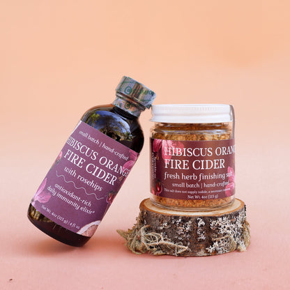 Two herbal remedies: 'Hibiscus Orange Fire Cider' and 'Hibiscus Orange Fire Cider Finishing Salt'