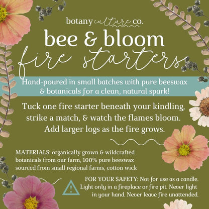 Text-based graphic for 'bee and bloom floral fire starters' with usage instructions and floral elements on a green background.