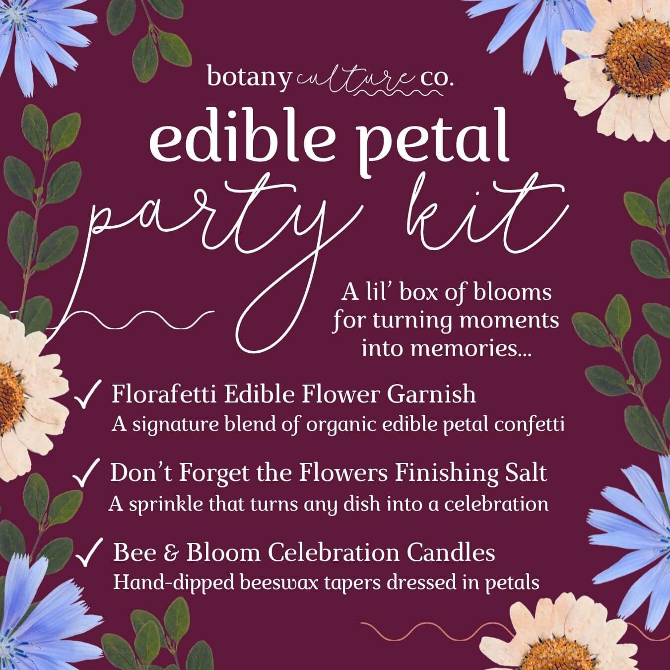 Graphic for Botany Culture Co. Edible petal party Kit with a list of it's contents that includes edible flower garnish, finishing salt, and birthday candles  with floral design on a purple background