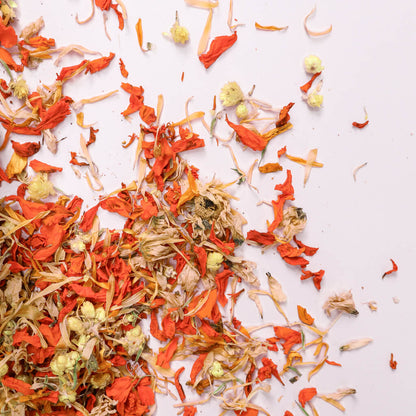 Scattered orange and yellow dried edible flowers on a white background