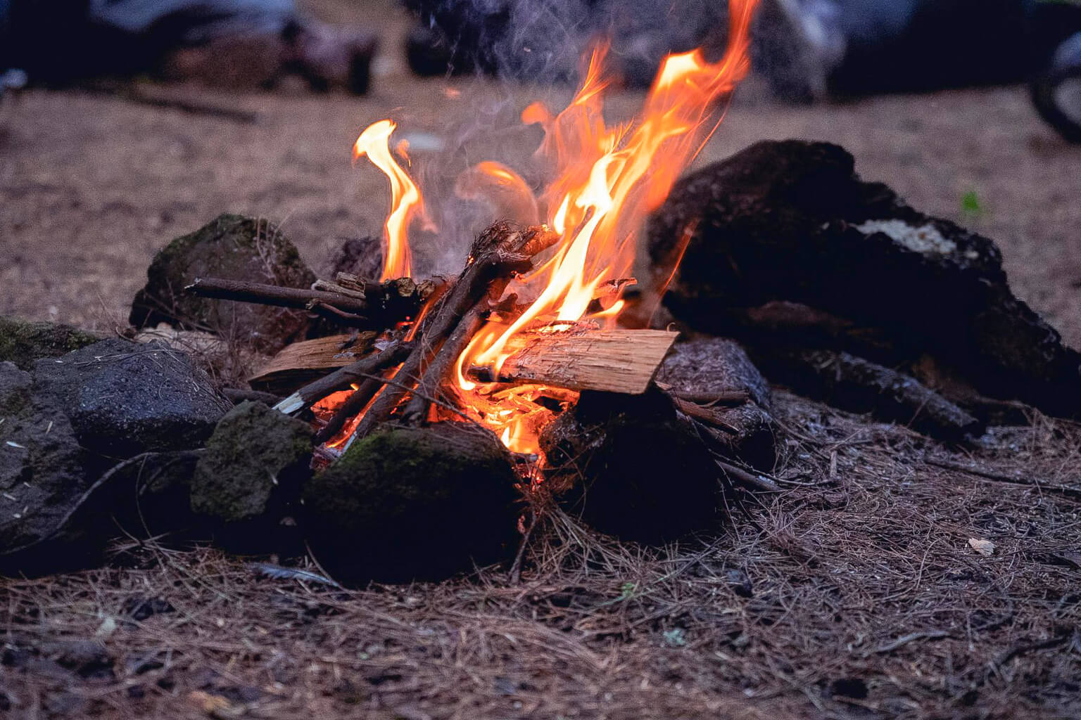 Fire burning in a pile of wood on the ground