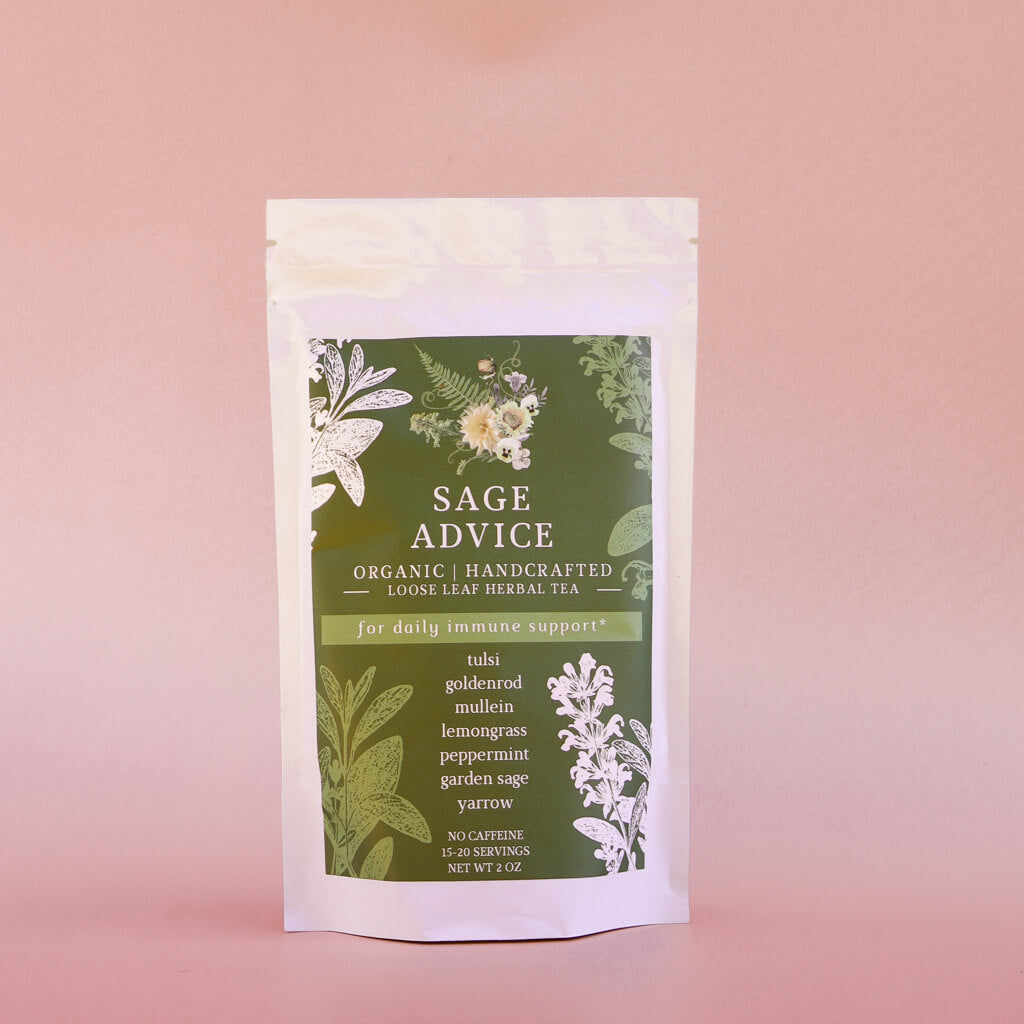 Sage Advice organic herbal loose-leaf tea package on a pink background