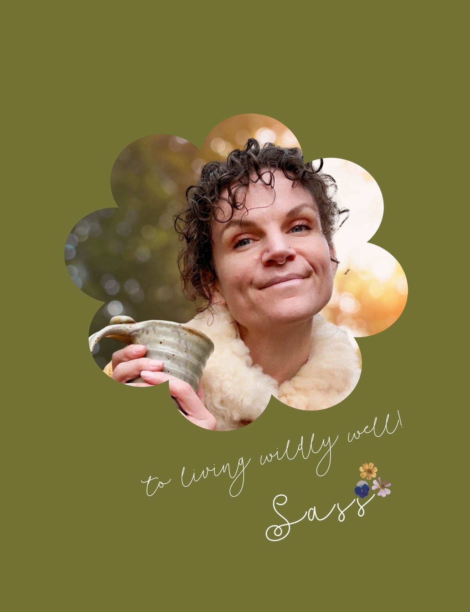 Photo of Sass Ayres, founder of Botany Culture Co.,  holding a ceramic tea cup with floral elements and text on a green background