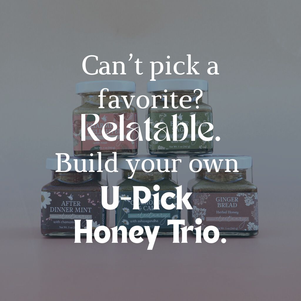 Stack of herbal honey jars with text promoting a U-Pick Honey Trio offer.