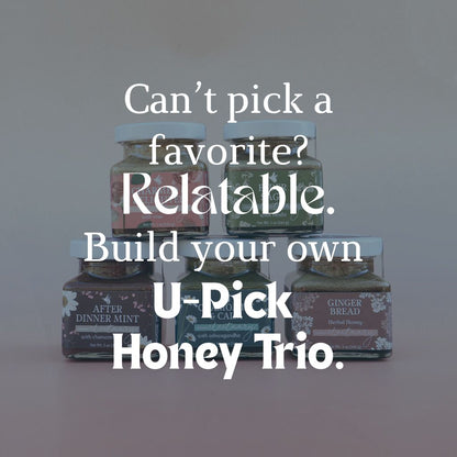 Stack of herbal honey jars with text promoting a U-Pick Honey Trio offer.