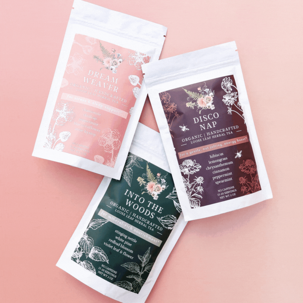Rotating images of three different kinds of loose-leaf herbal tea bags against a light pink background
