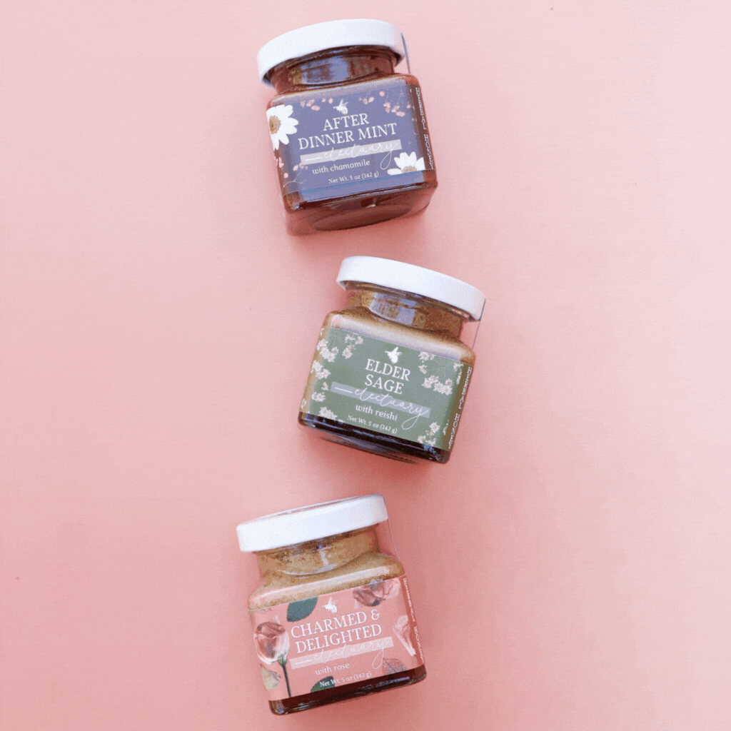 Gif of rotating images of groups of 3 glass jars of herbal honeys