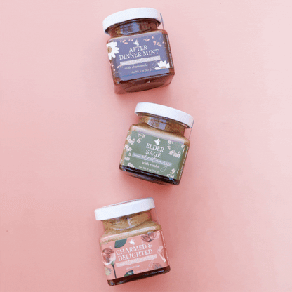 Gif of rotating images of groups of 3 glass jars of herbal honeys