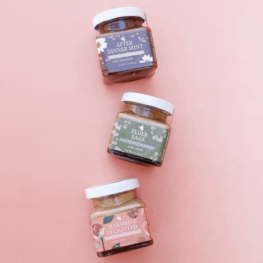 Gif of rotating images of groups of 3 glass jars of herbal honeys