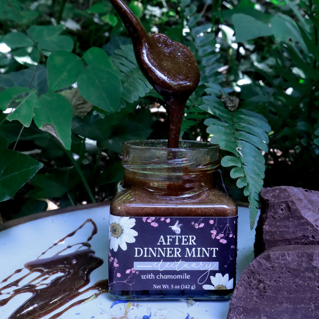 A jar of After Dinner Mint herbal honey with chamomile sits on a white plate with honey drizzles, surrounded by greenery. A spoon above the jar is filled with the thick chocolate honey.