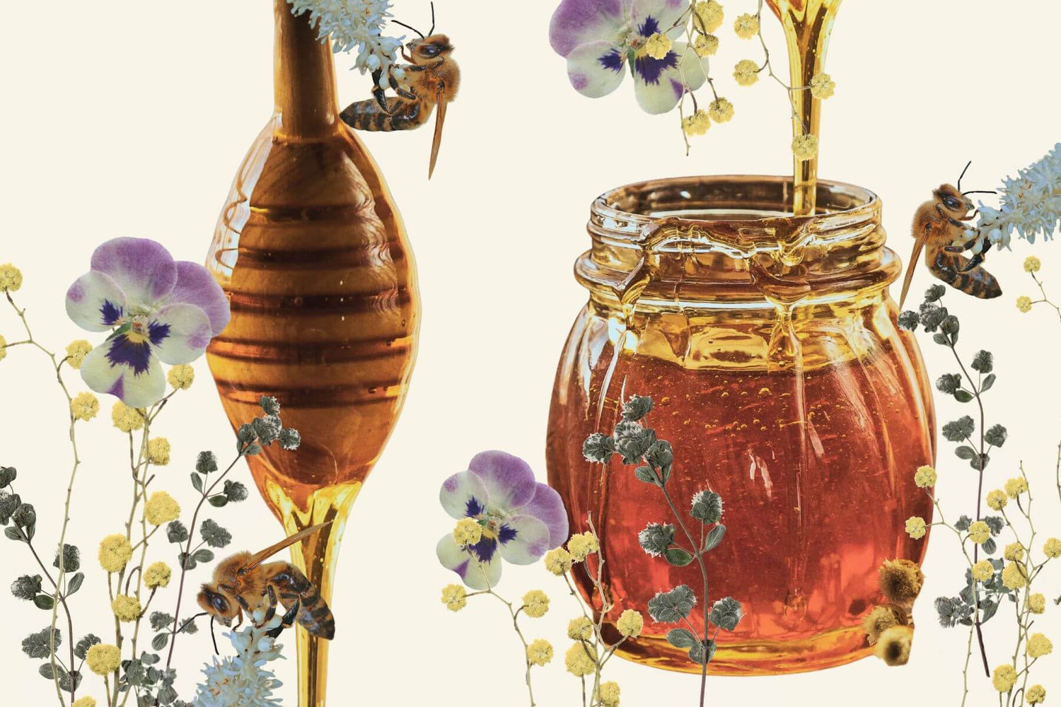 a collage of pressed flowers, herbs, and bees on flowers with a jar of honey and a hone dipper