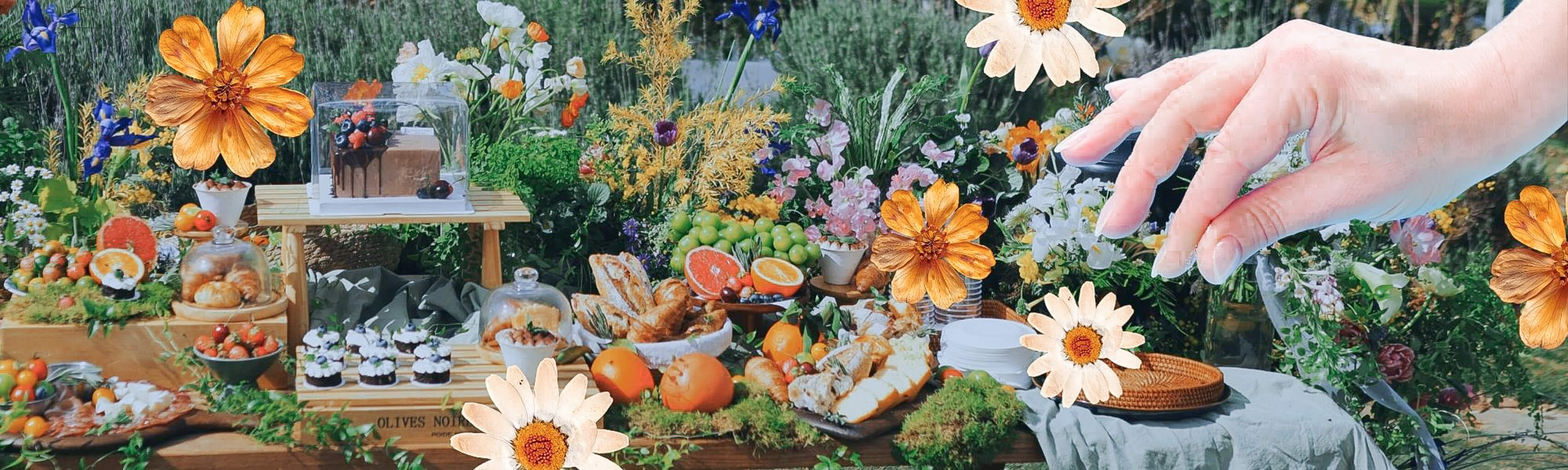 Decorative scene with flowers, food, and a hand reaching out as if it's sprinkling finishing salt over the table