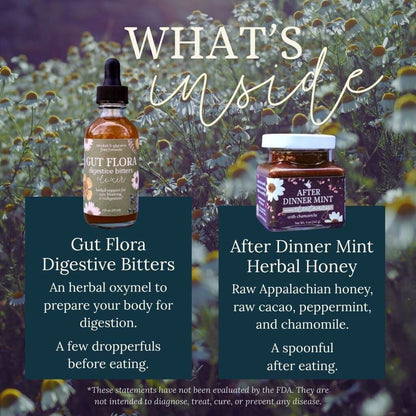Infographic of "what's inside" the Bittersweet Digestive Support Duo that has images of Gut Flora Digestive Bitters and After Dinner Mint Herbal Honey and text about what they are and how to use them