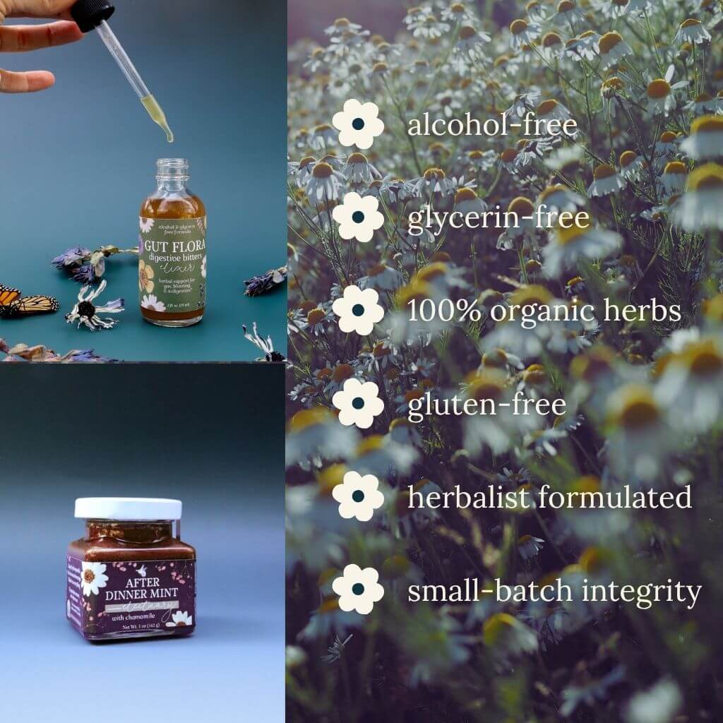 Infographic featuring photos of Gut Flora Digestive Bitters and After Dinner Mint Herbal Honey next to a bullet-point list of values that includes 'alcohol-free,' 'glycerin-free.' '100% organic herbs,' and others