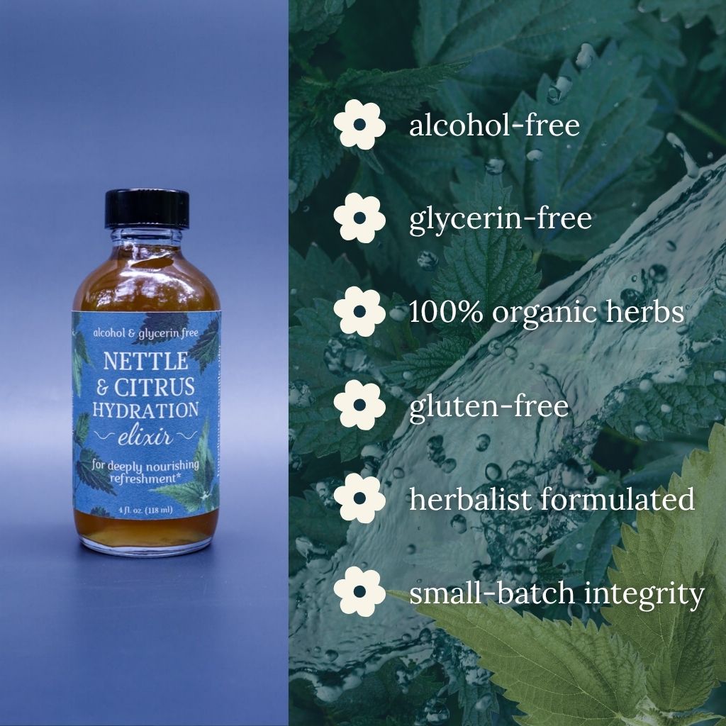 Bottle of Nettle & Citrus Hydration Elixir with green leaf background and product features listed.