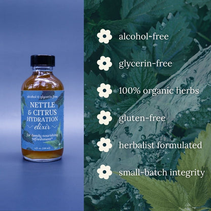 Bottle of Nettle & Citrus Hydration Elixir with green leaf background and product features listed.