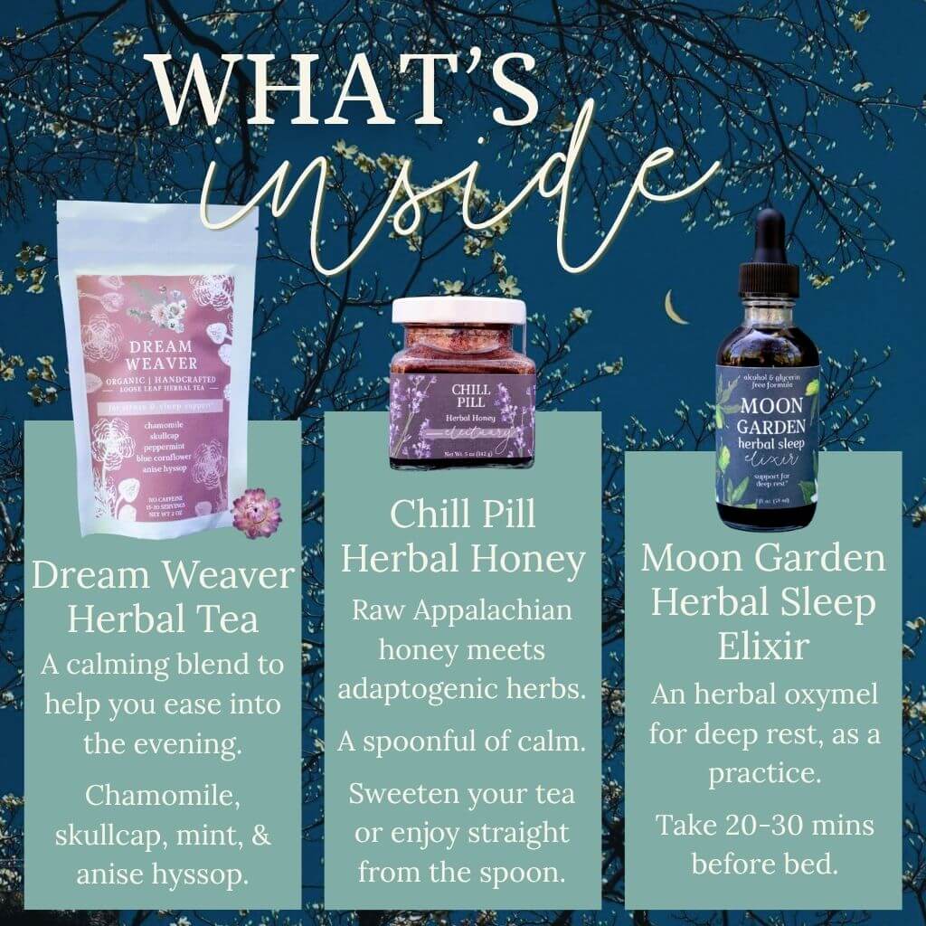 infographic about the products inside the Evening Routine Trio for Deep Rest