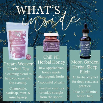 infographic about the products inside the Evening Routine Trio for Deep Rest
