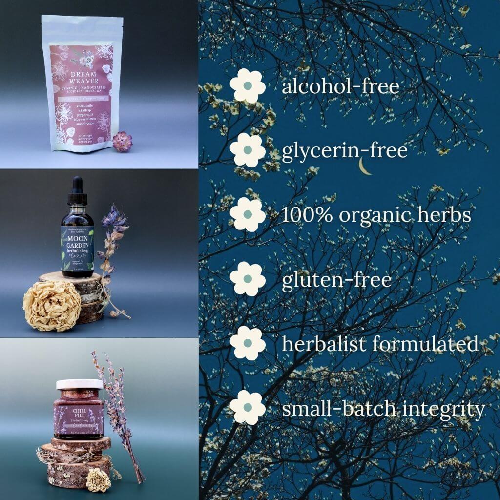 infographic showing the three products in the Evening Routine Trio for Deep Rest, tea, sleep elixir, and adaptogen honey with a list of trust values
