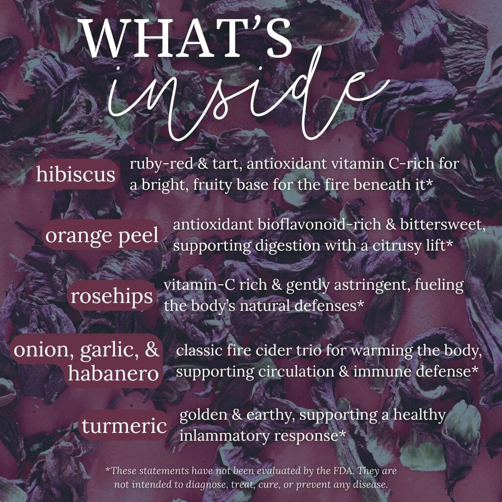 a "what's inside" infographic listing the ingredients in Hibiscus Orange Fire Cider and their benefits on a muted background of dried hibiscus