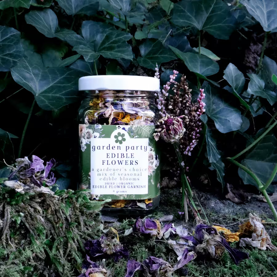 a jar of Garden Party Edible Flowers: Dried Organic Edible Flower Garnish sitting on a mossy rock with moody greenery in the background
