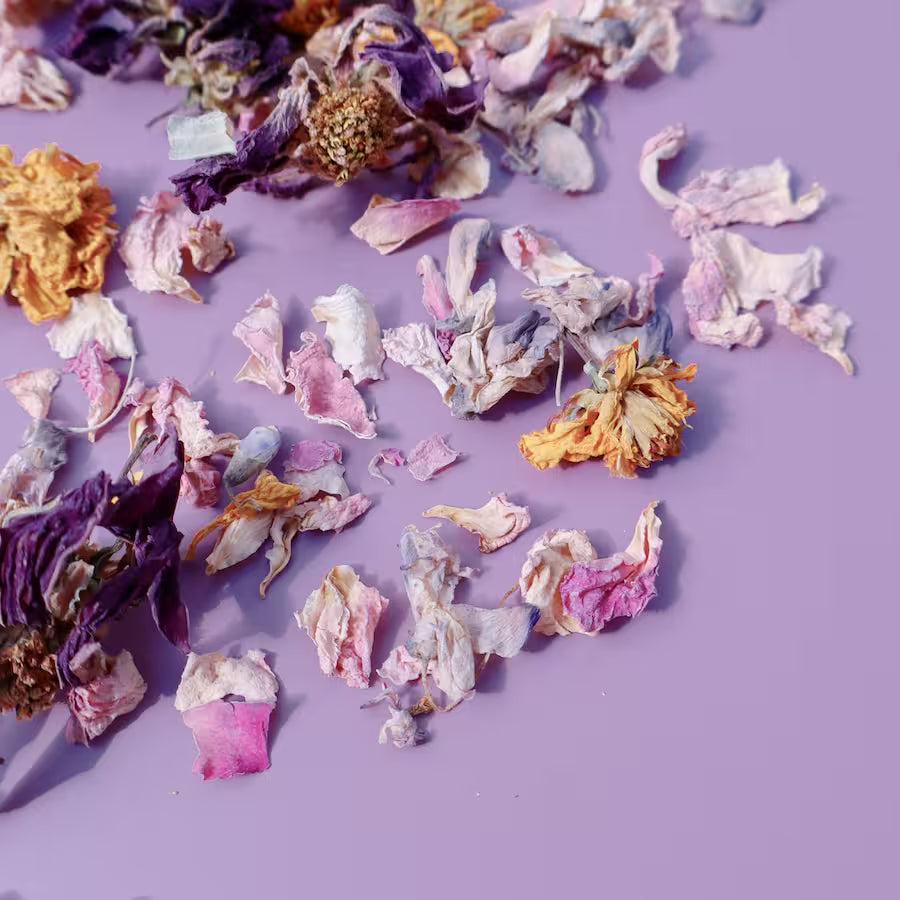 pink, purple, and yellow organic dried edible flowers scattered against a purple background