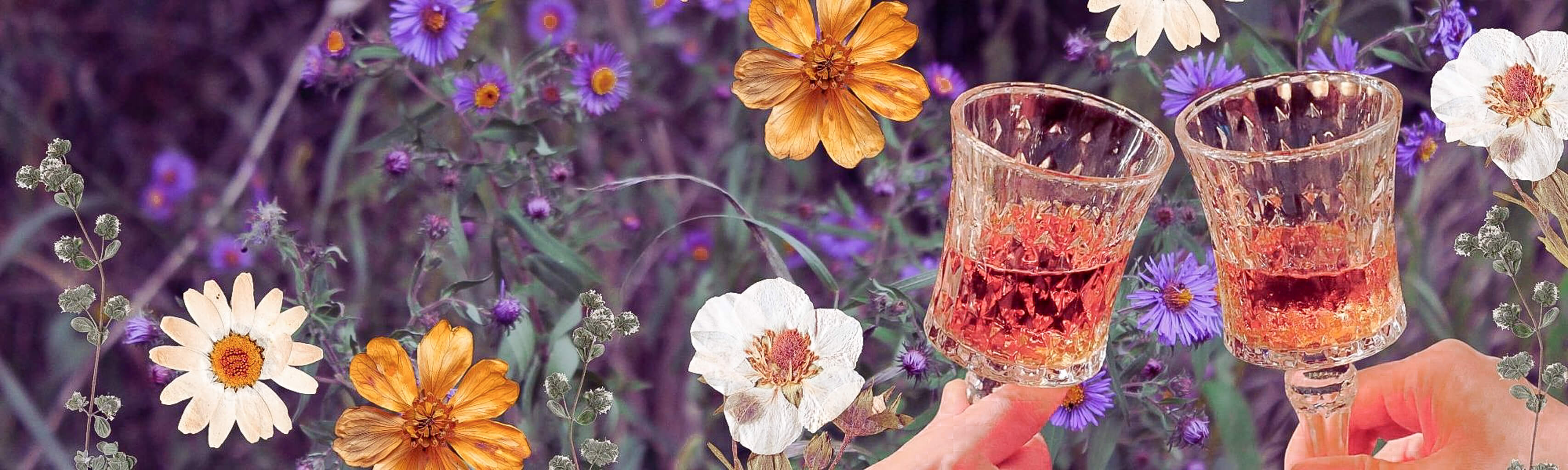 Two glasses of herbal mocktails in front of a field of flowers