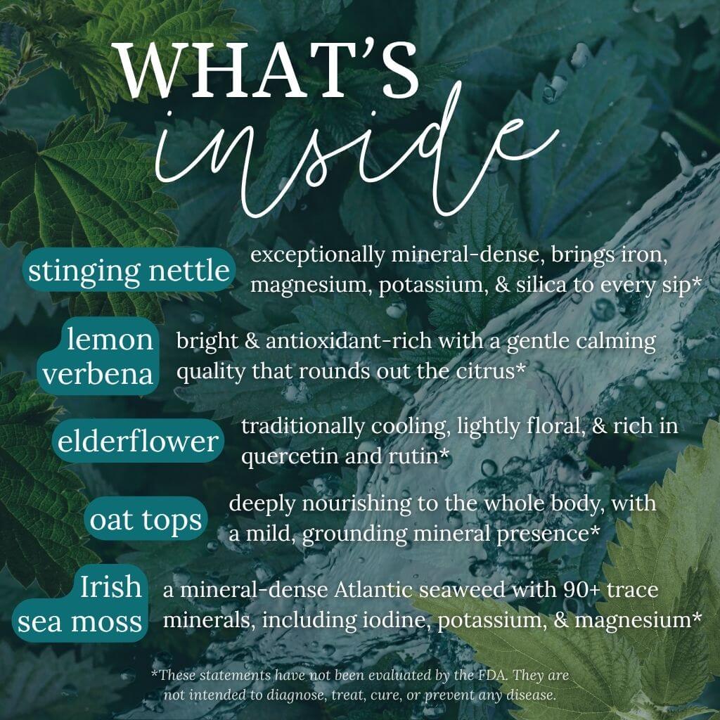 Text overlay on a background of green leaves with product ingredients and benefits