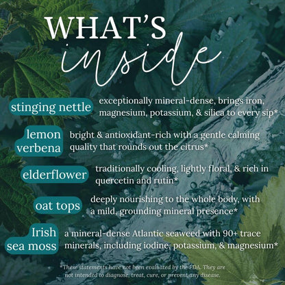 Text overlay on a background of green leaves with product ingredients and benefits