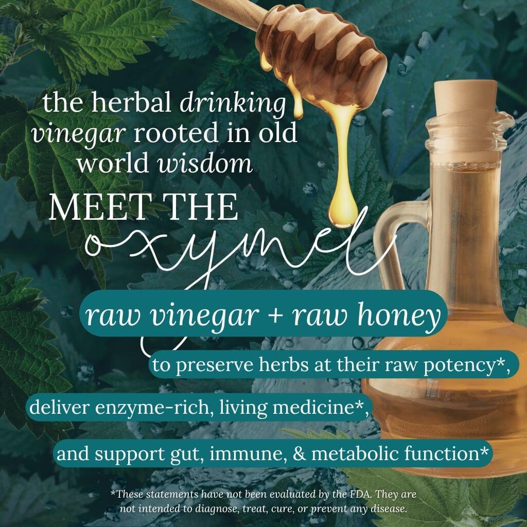 Honey being drizzled from a wooden dipper onto a bottle of herbal drinking vinegar with text about its benefits.