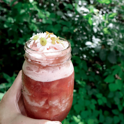 hand holding a glass filled with hibiscus tea watermelon slushie decorated with edible chamomile flowers