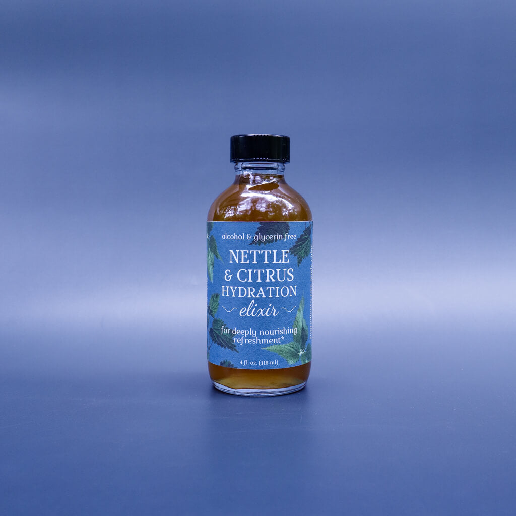 Bottle of Nettle & Citrus Hydration Elixir on a gradient blue background