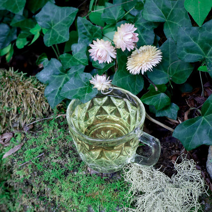 Decorative vintage glass tea cup with flowers on a natural background