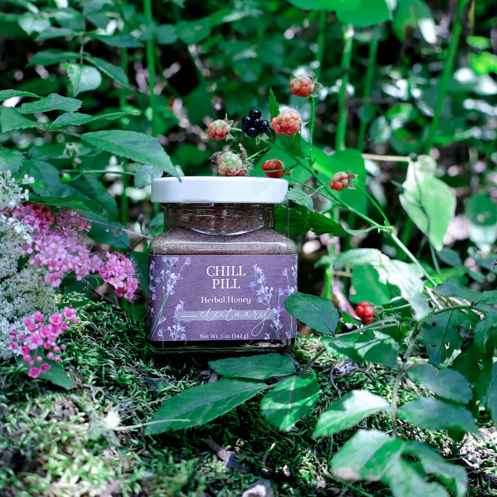 Jar of 'Chill Pill Herbal Honey Electuary' surrounded by greenery and flowers