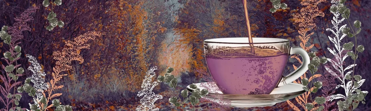A glass teacup filled with purple-colored tea on a saucer, set against a painterly forest background with autumn foliage and botanical borders.