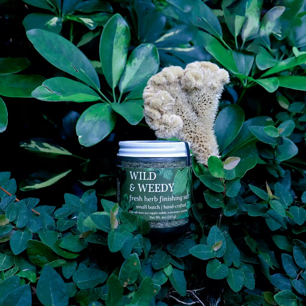 glass jar of herb infused salt with a label that reads 'Wild and Weedy Fresh Herb Finishing Salt' in a natural setting with greenery and dried flowers as decoration